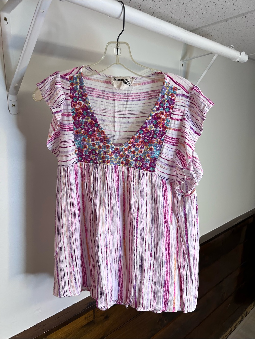 Savanna Jane Pink Striped Embroidered V-Neck Flutter Sleeve Top- L
